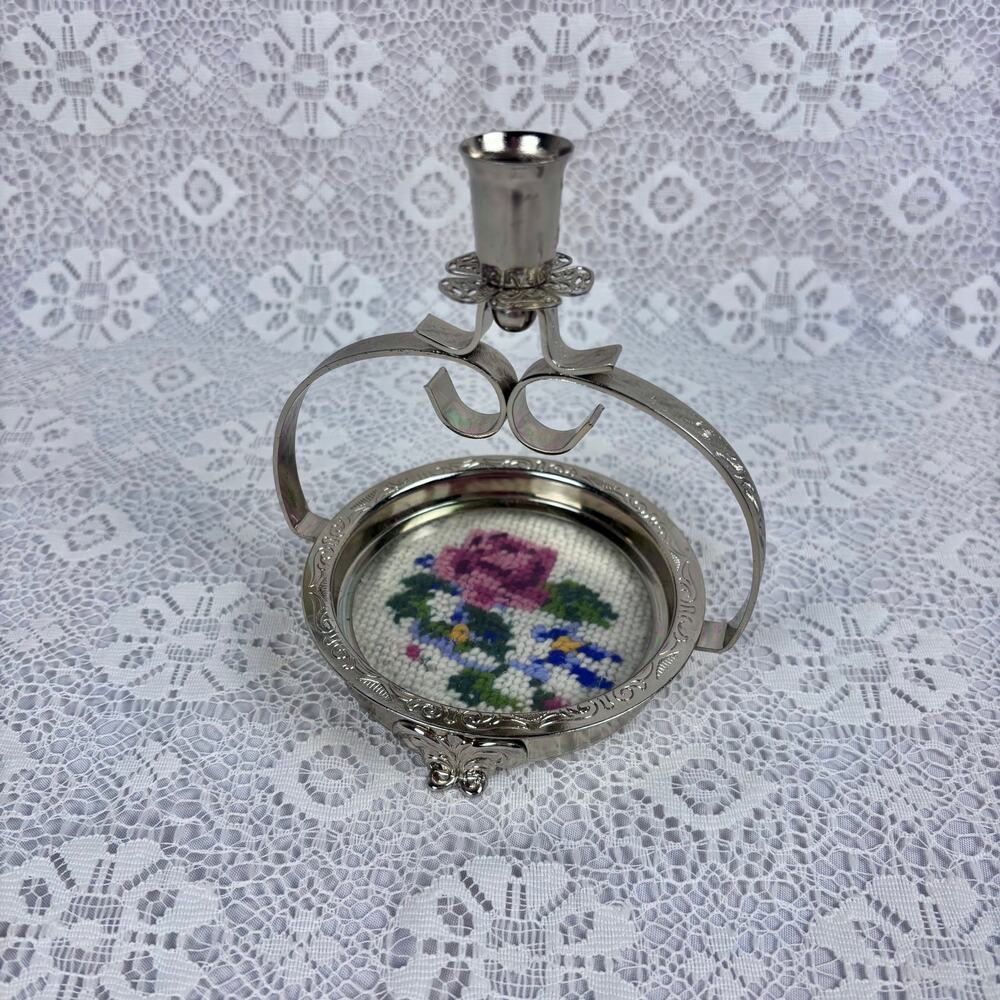 Vintage Needlepoint Candle Holder Silver Floral Chamberstick Trinket Tray